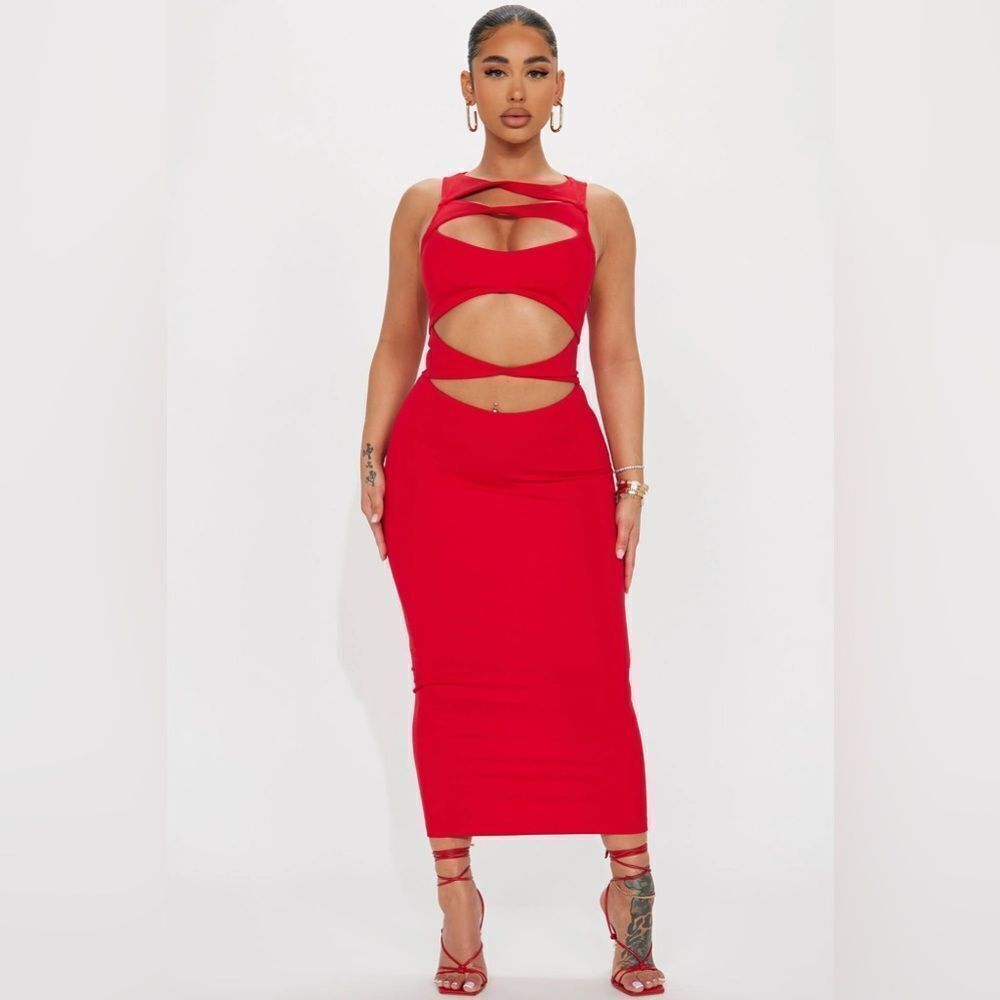 Fashion Nova Cut Out Midi Dress NEW Red Small Party